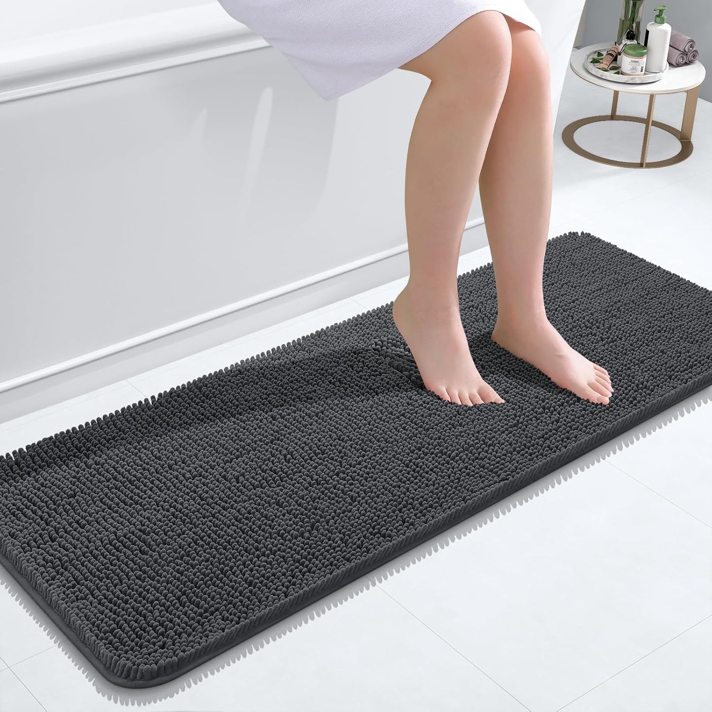 OLANLY Bathroom Runner Rugs - Soft Absorbent Chenille with Rubber Backing | 47x17 Inches, Dark Grey