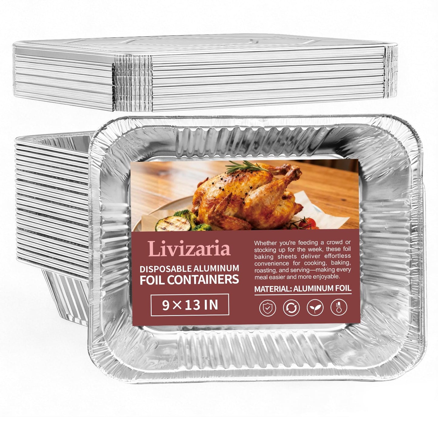 Livizaria Disposable Aluminum Foil Pans 9×13 with Lids – Durable Foil Baking Pans for Meal Prep, Casseroles & Food Storage – Oven & Freezer Safe Deep Pans for Parties, Catering & BBQ (25 Pack)