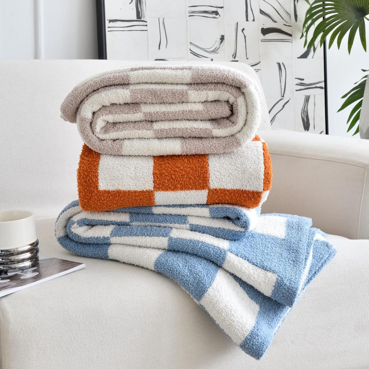 Skiennix Checkered Knitted Throw Blanket - Cozy Fluffy Plaid Design for Couch & Bed | Lightweight 50"x60" Blue