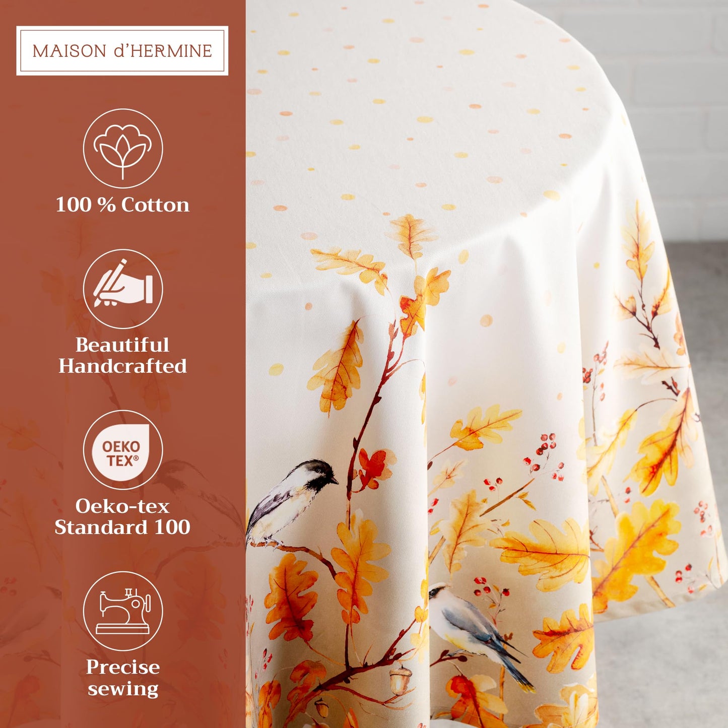 Maison d' Hermine Table Cloth Round Table 100% Cotton 69 Inches Fall Tablecloth Reusable Everyday Use for Thanksgiving Christmas Decorations Dining Farmhouse Party (Oak Leaves)