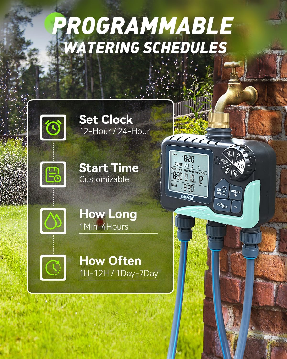 RAINPOINT 3-Zone Sprinkler Timer - Automatic Watering System with Brass Inlet & IP65 Waterproof | Large LCD Display