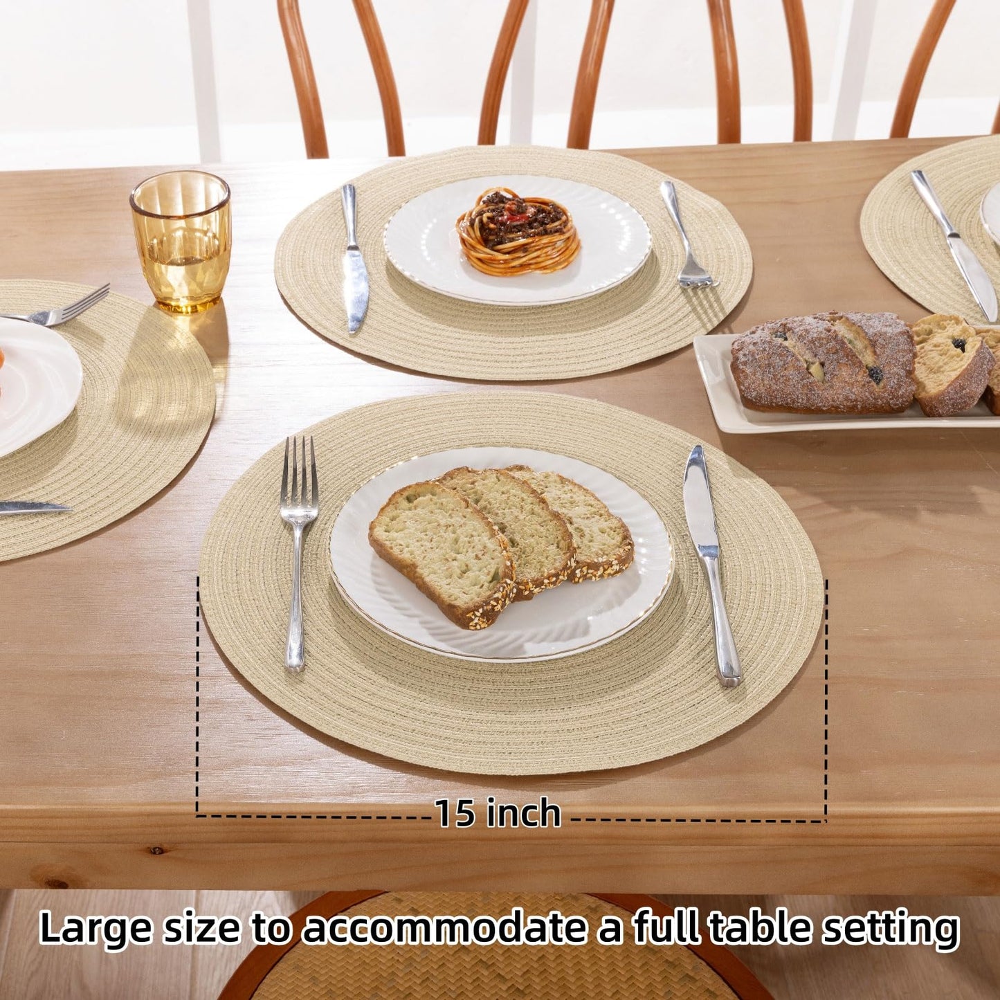 SHACOS 15 inch Round Braided Placemats Set of 4 Cotton Polyester Place Mats Washable Kitchen Dining Table Mats for Dinner Party Table Decor (Light Beige, 4)