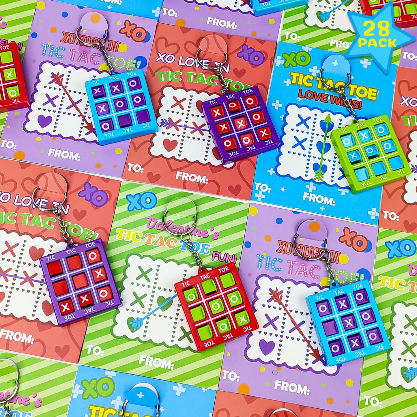 Valentines Day Gifts Cards for Kids School Classroom,28 Pack Tic Tac Toe Game Keychains with Cards for Boys Girls,Valentine Class Non Candy Treats Goodie Bag Stuffers Party Favors Prizes for Toddlers