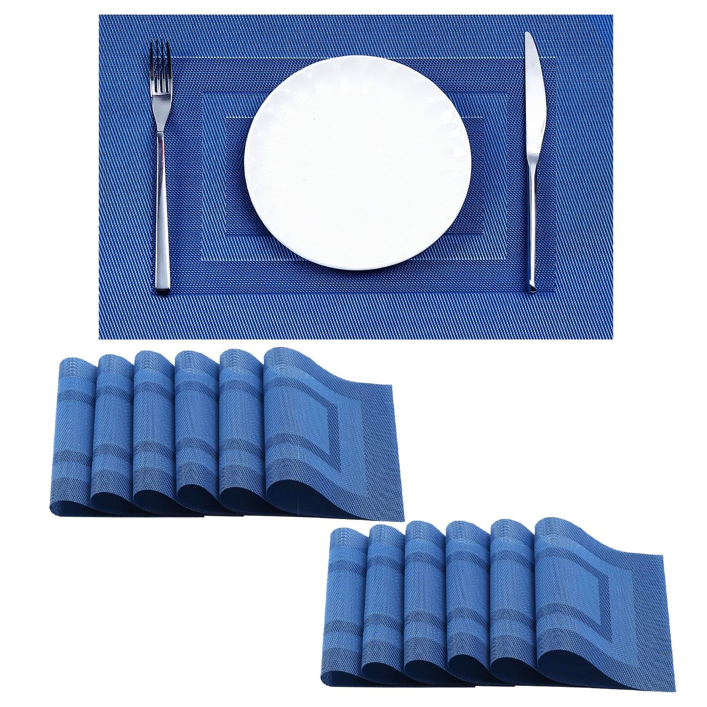 Leetaltree Blue Frame Placemats Set of 12 - Heat Resistant Non-Slip Place mats for Dining Table, Washable Durable PVC Vinyl Woven Table Mats（Blue Frame, 12）