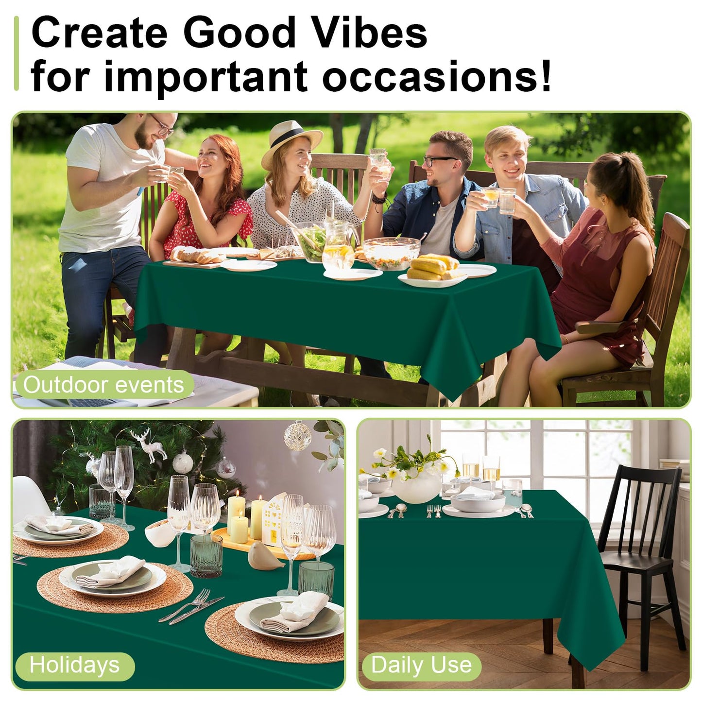 QIKSION Dark Green Plastic Table Cloth Disposable 12 Pack, 54 x 108 Inch Tablecloths for Party, Christmas Decorations, Rectangle Table Cover