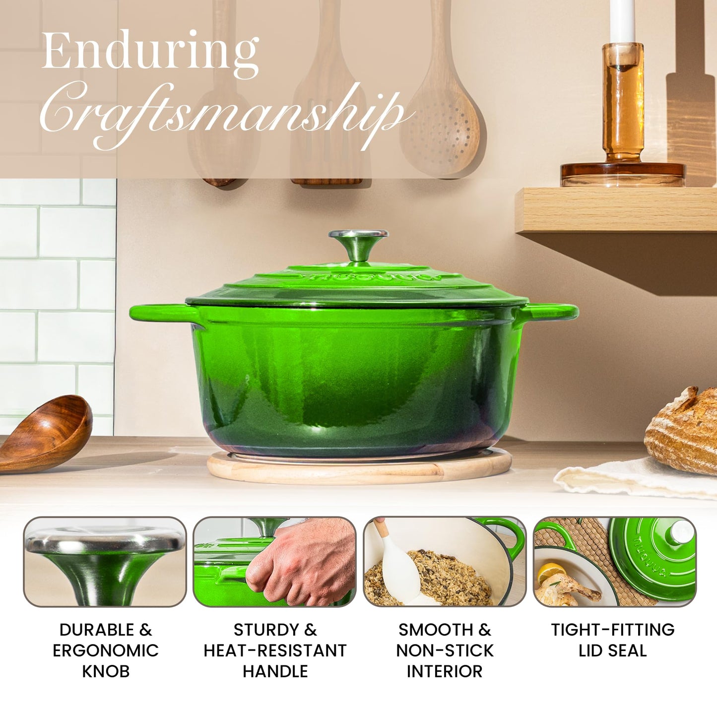 Cast Iron Pot with Lid-Non-Stick Ovenproof Enamelled Casserole Pot, Oven Safe up to 500° F-Sturdy Dutch Oven Cookware - Green, 5-Quart, 24cm-by Nuovva