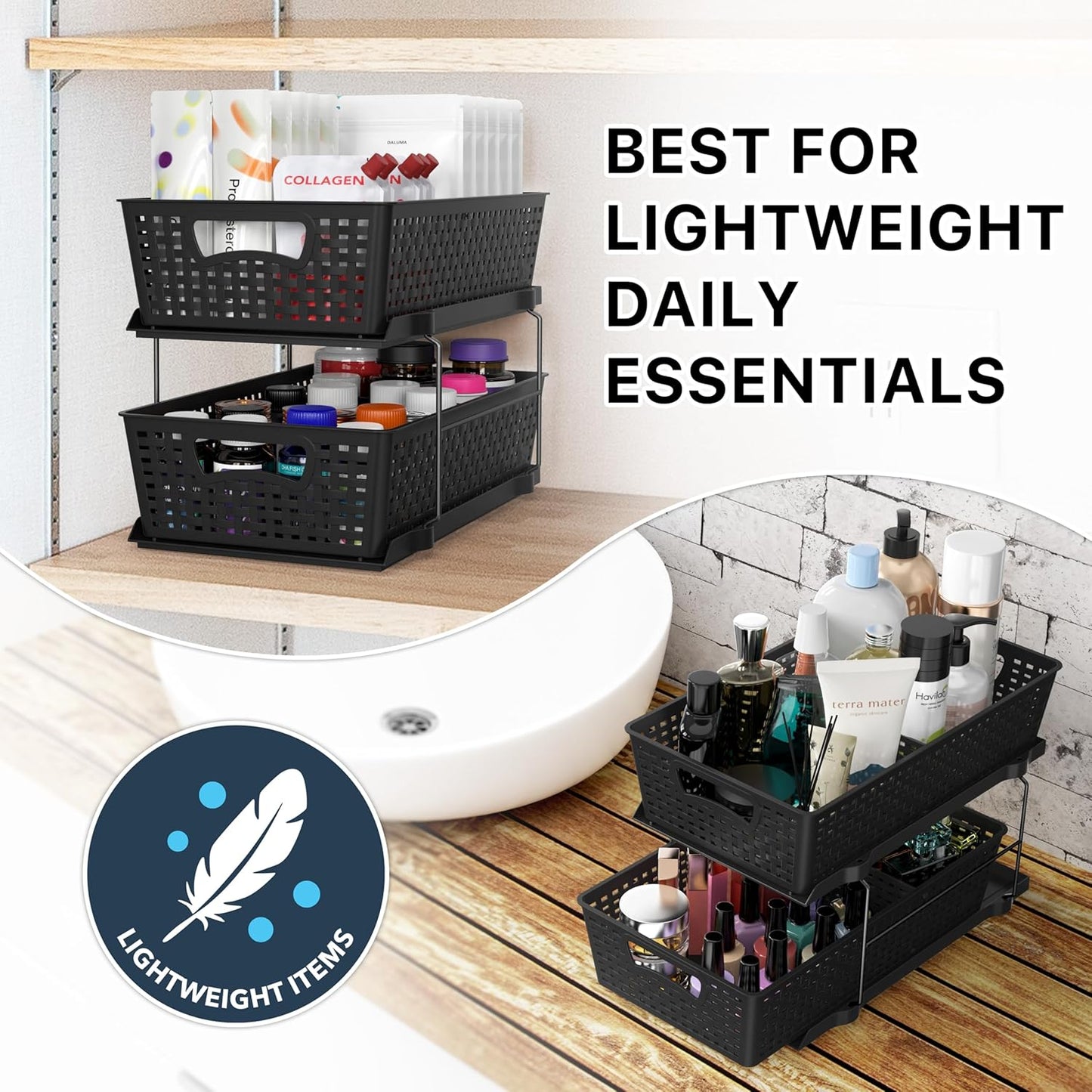 Simple Houseware 2-Tier Bathroom Organizer Tray - Pull-Out Sliding Drawer for Under Sink Storage, Black