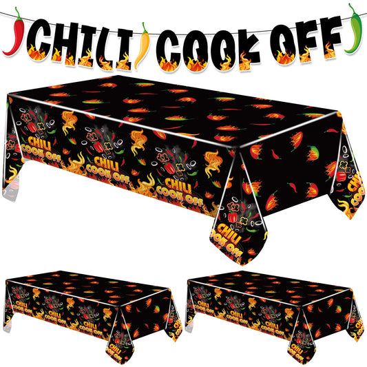 Iceyyyy 4 Pcs Black Chili Cook Off Table Decorations Set-108" x 54" Chilis Peppers Flame Table Covers 33 Ft Cooking Chili Contest Banner-Disposable Chilis Peppers Party Decorations for Party Supplies
