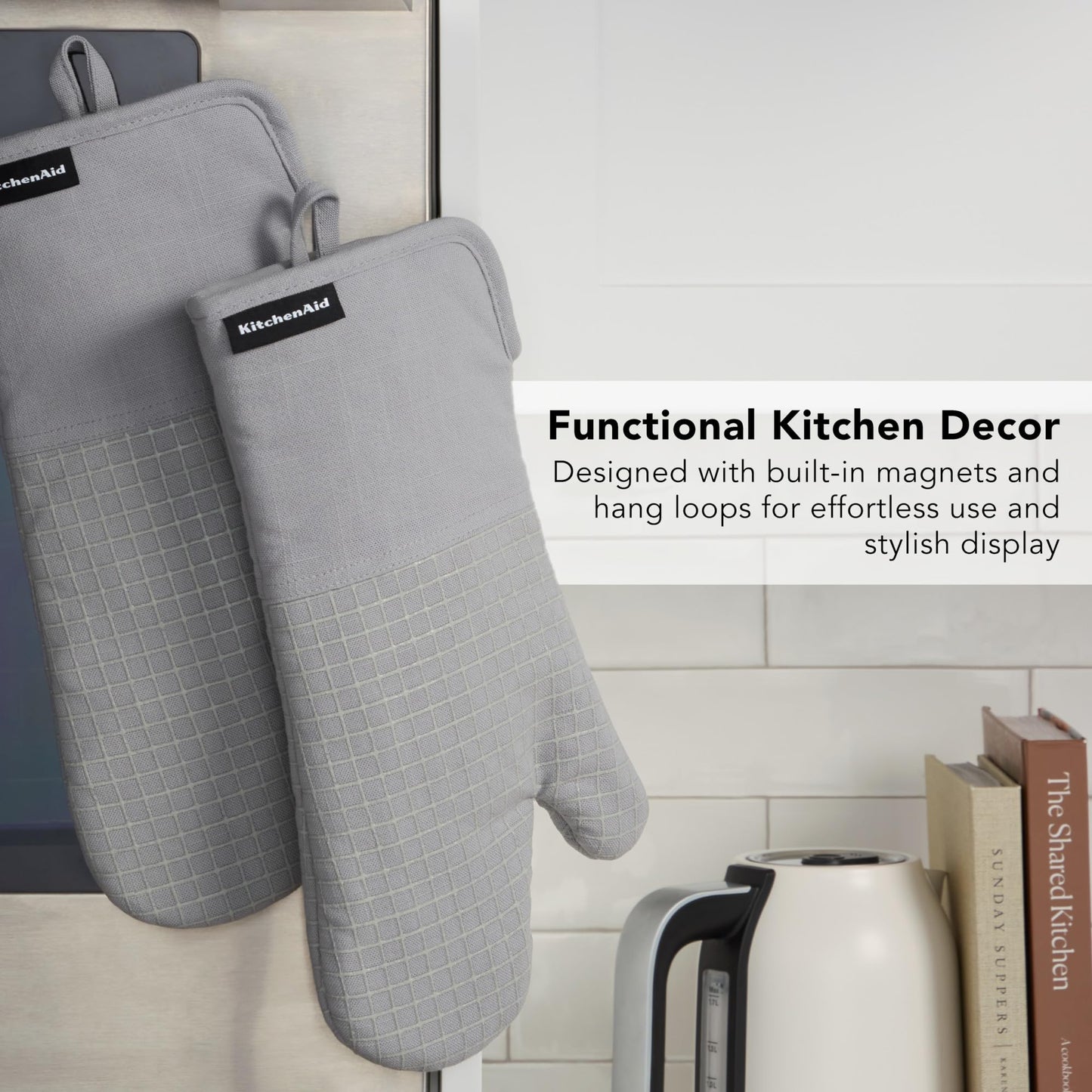 KITCHENAID Gourmet Series Gridlines Oven Mitts 2-Pack Set, Heat Resistant up to 600°F, Soft Silicone Grip, Magnetic Cuff, Matte Grey, 7"x14"