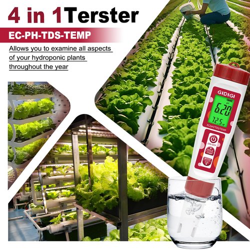 GIDIGI pH Meter for Water, 4 in 1 EC PPM Temp pH Tester for Hydroponic, TDS Water Tester for Drinking Water, Digital pH Meter with Backlit & ATC for Hydroponic Nutrient, Pool, Aquarium, Home Use