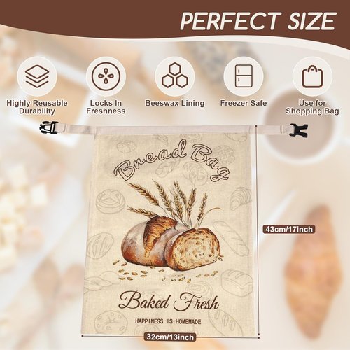 Beeswax Bread Bags - XL 17x13 Inch Reusable Storage for Homemade Sourdough | Keep Bread Fresh