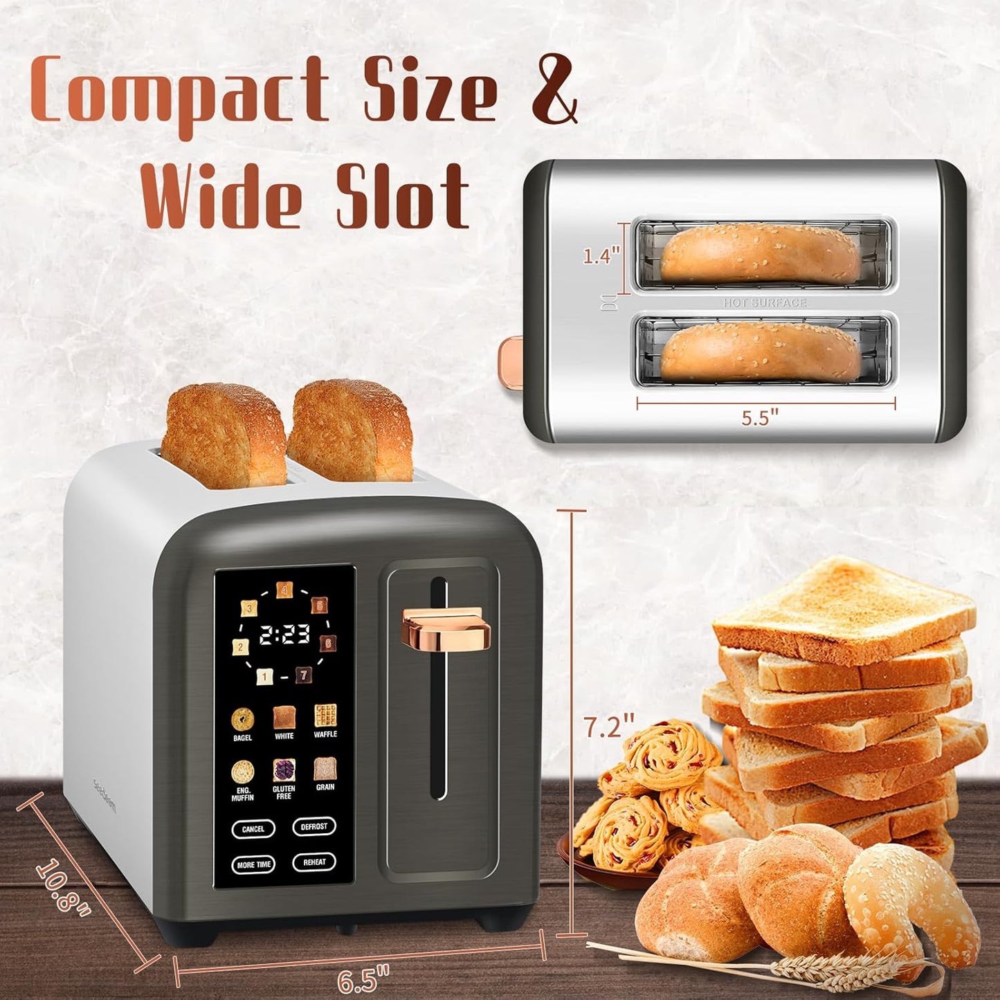 SEEDEEM 2-Slice Toaster - Touch Screen Control, 7 Shade Settings, 1.5” Wide Slots, Removable Crumb Tray