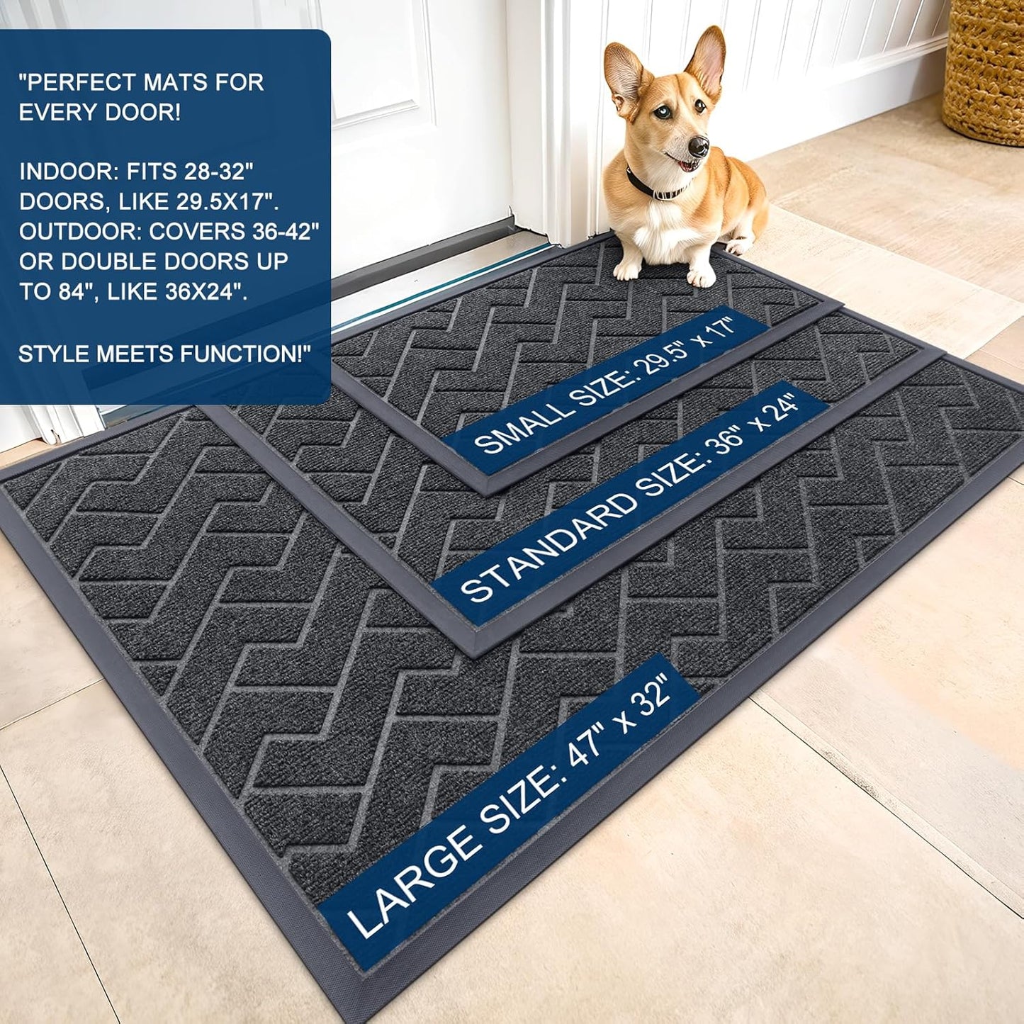OLANLY Indoor Outdoor Front Door Mat - Waterproof All-Season Herringbone Design | Easy Clean, Low Profile (Grey, 71x47)
