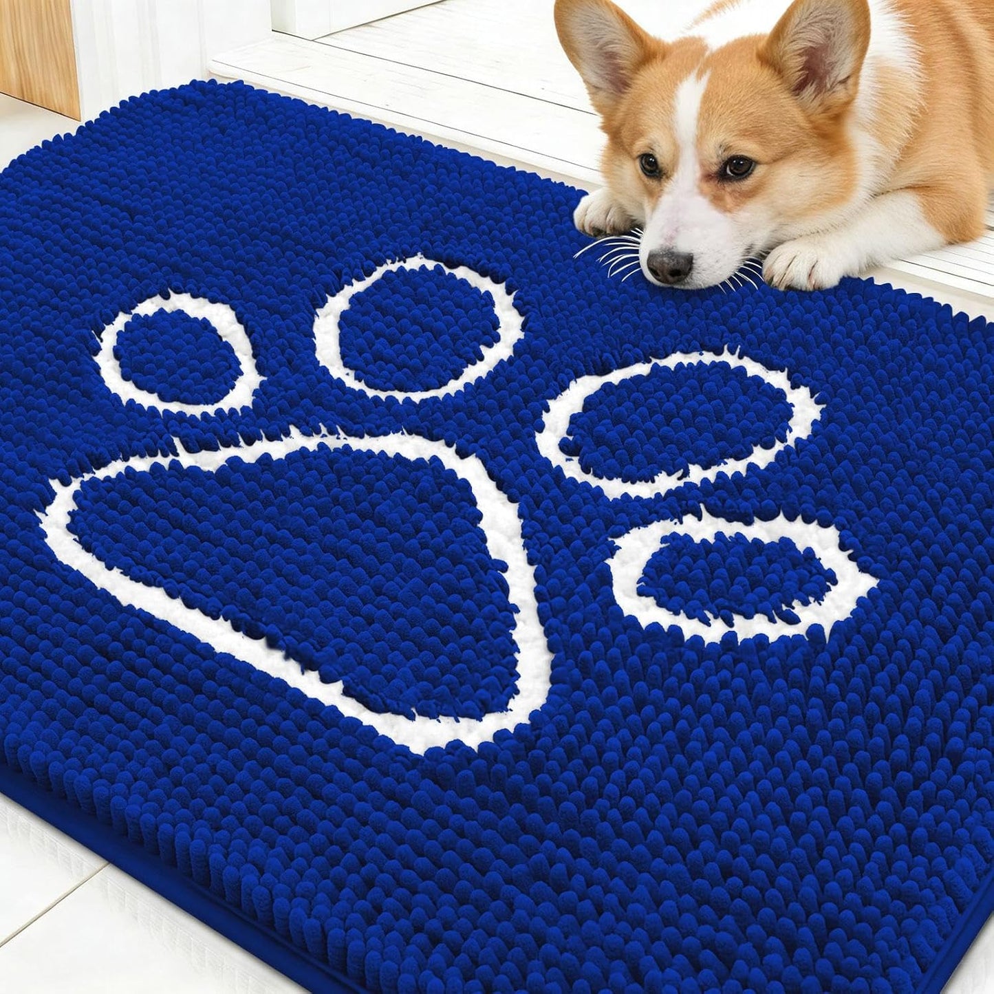 OLANLY Dog Door Mat - Absorbent Muddy Paws Doormat | Non-Slip Chenille 30x20, Royal Blue