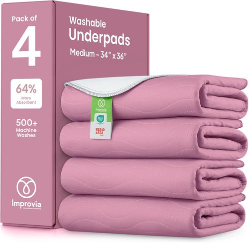 IMPROVIA® Washable Underpads - Heavy Absorbency Reusable Incontinence Pads for Kids, Adults, Pets | Pink & White, 34" x 36" - Pack of 4