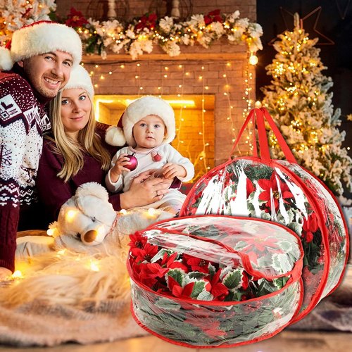 4 Pcs Christmas Wreath Storage Bag - 24 Inch Waterproof PVC Container with Clear Red Edging & Handles