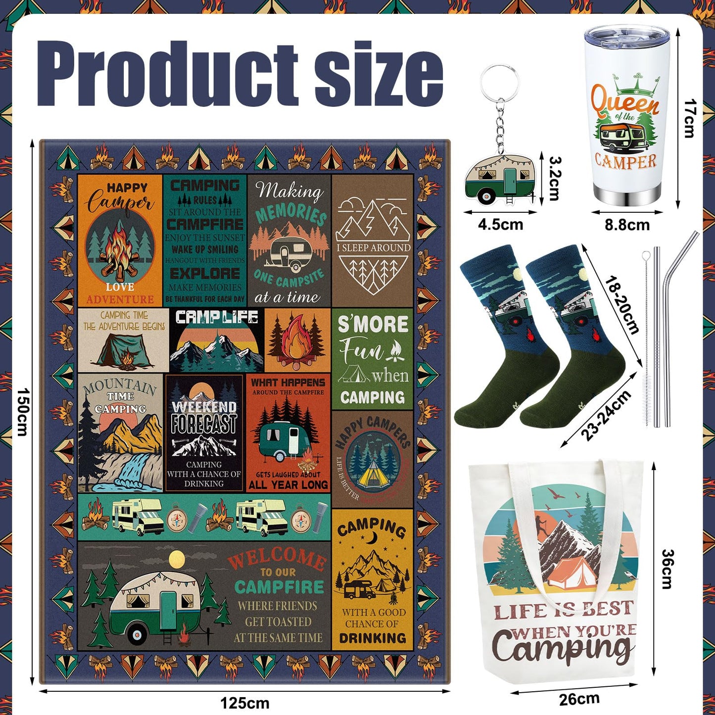 Hahafelt 5 Pcs Camping Blanket Set Gift Camping Stuff Camping Blanket Tote Bags 20 oz Stainless Steel Camping Cup Camping Socks Keychain for Camping Lover Gifts