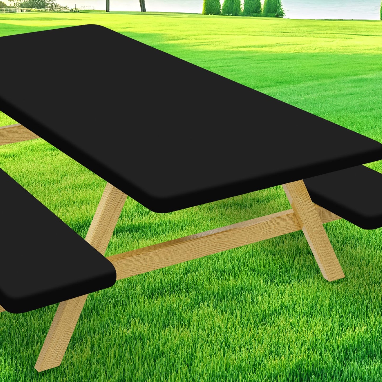 Moosfor Picnic Table Cover with Bench Covers, Elastic Fitted Spandex Tablecloths for 6 Foot Rectangle Tables, Stretch Washable Patio Tablecloth for Outdoor, Camping (Black, 30"x70")