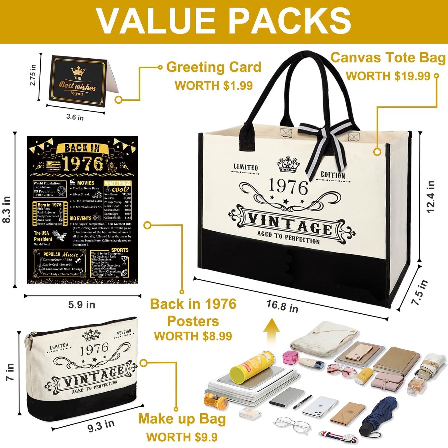 YeohJoy 50th Birthday Gifts for Women Canvas Tote Bag Travel Gear, Unique 50 Years Old Birthday Gifts for Mom Wife Aunt Friends Her, Vintage 1976 Handbag & Cosmetic Bag & Back in 1976 Poster