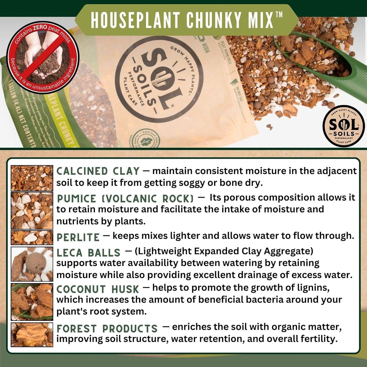 Sol Soils Chunky Houseplant Mix - Fast Draining Indoor Plant Soil with Coco Coir, Perlite & Pumice | 2 Quart