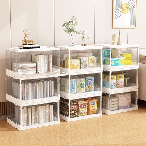 HYBRIDEAS Clear Stackable Storage Bins - 3-Pack with Lids & Magnetic Doors | Large 24 QT Organizers for Bedrooms & Living Rooms