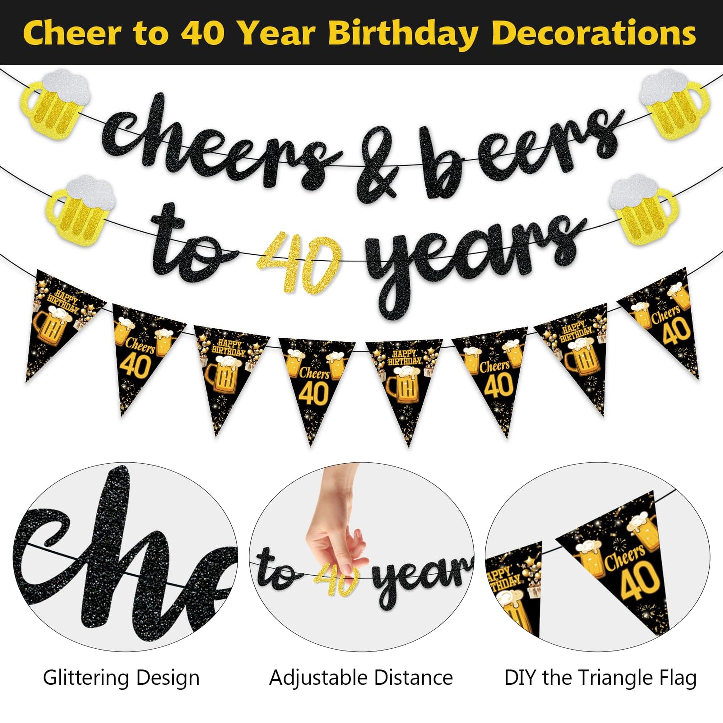 Black Gold 40th Birthday Decorations for Him Men, Glitter Pre-Strung Cheers to 40 Years Banner Hello 40 Hanging Swirls Paper Triangle Flag Banner Decorations Bday Party Supplies Kit