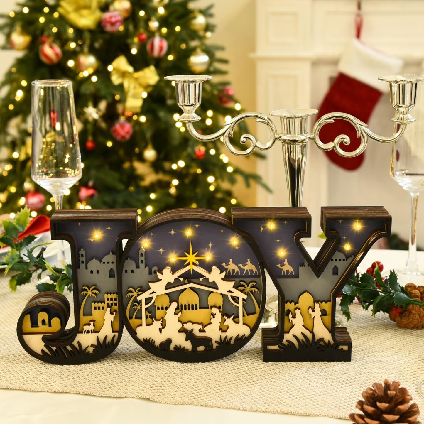 Regine Switzerland Christmas Nativity Set - 3D Religious Scene with LED Lights for Tabletop Decor