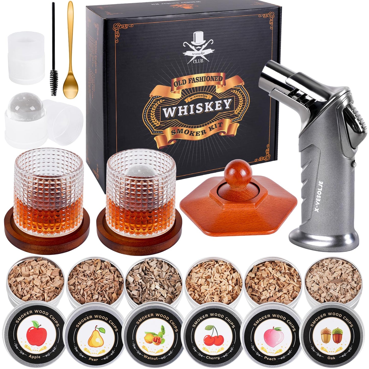 Whiskey Smoker Kit with Torch - 6 Flavors Wood Chips, 2 Rotatable Whiskey Glasses, 2 Ice Ball Molds - Cocktail Smoker Infuser Kit, Old Fashioned Smoker Kit, Birthday Gifts for Men, Dad(NO Butane)