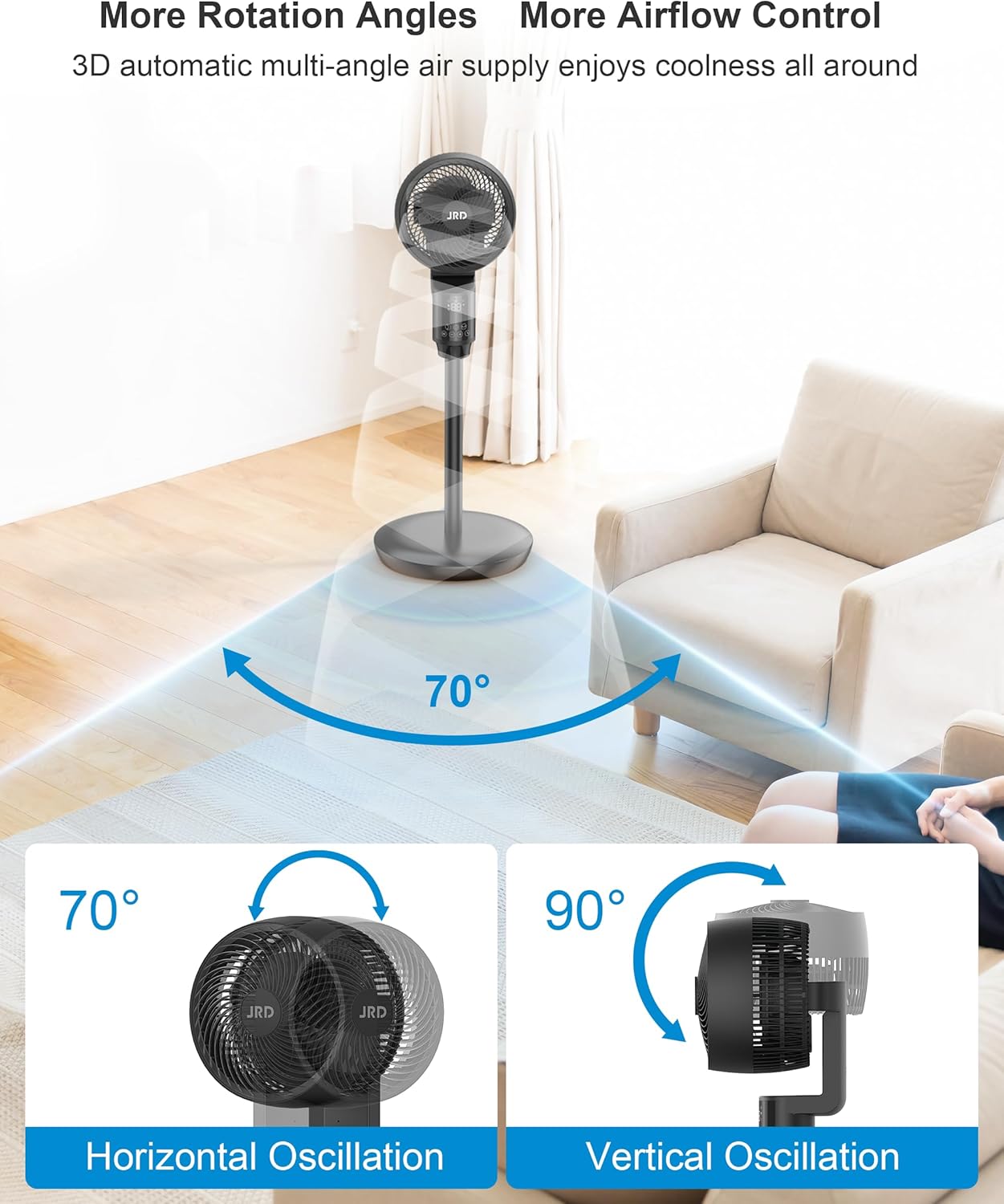 JRD Oscillating Floor Fan - Quiet 70° Pedestal Fan with 6 Speeds & Remote Control | Adjustable 19-38" Height