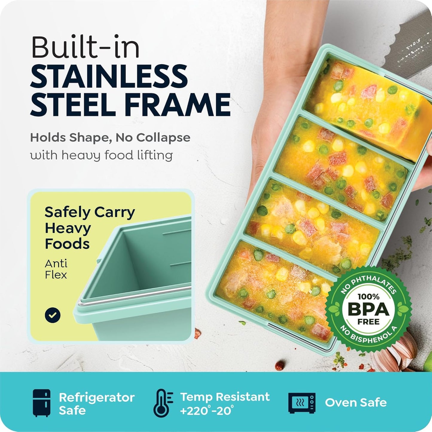 Skiennix Silicone Freezer Trays - Leakproof 1-Cup Ice Cube Containers, BPA Free, 2 Pack for Meal Prep & Leftovers