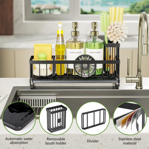Cisily Extra Large Sink Caddy Organizer with Drying Stone, Black Sponge Holder for Kitchen, Dish Brush Holder for Countertop, Kitchen Decor Storage and Essentials