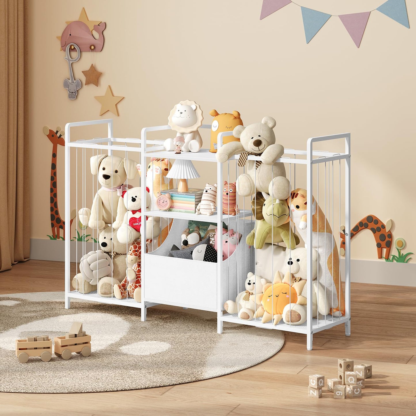 MAHANCRIS Stuffed Animal Storage, Large Stuffed Animal Net with Kids Bookshelf and Toy Storage, Double-Sided Plush Toy Holder with Movable Fabric Box for Kids Room, Playroom, Nursery, White TBWT17101
