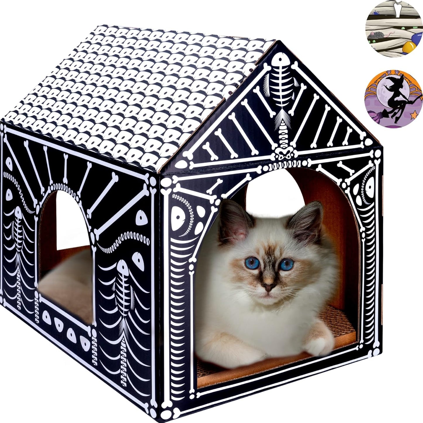 LiBa Cat House - Cardboard Cat Bed with Scratch Pad & Catnip | Indoor Cat Scratcher & Halloween Toy