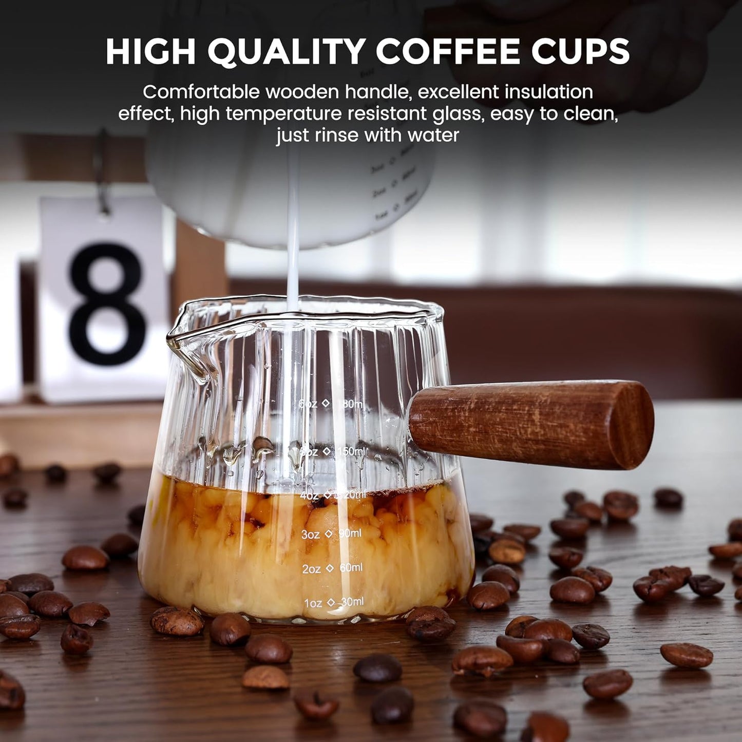 Skiennix Espresso Measuring Cup Set - 6 Oz Glass Cups with Wood Handle for Coffee & Milk Frothing