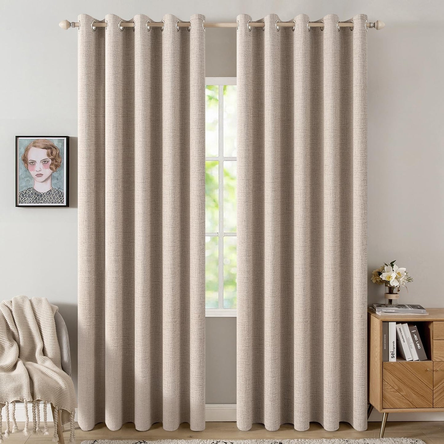 MIULEE Blackout Linen Textured Curtains - Thermal Insulated Natural Beige Drapes | 62 x 90 Inch (2 Panels)