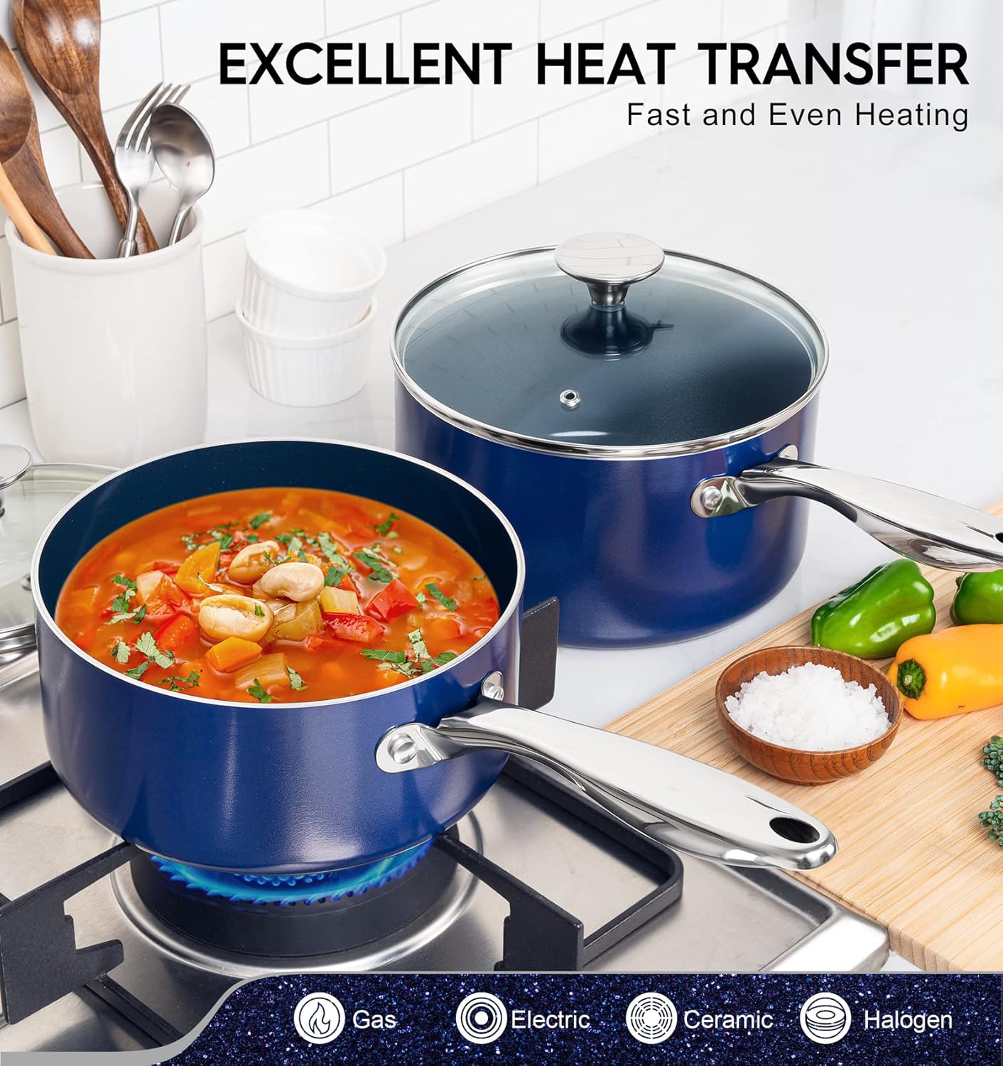Michelangelo Nonstick Ceramic Saucepan - 1 Quart with Lid & Stainless Steel Handle - Blue
