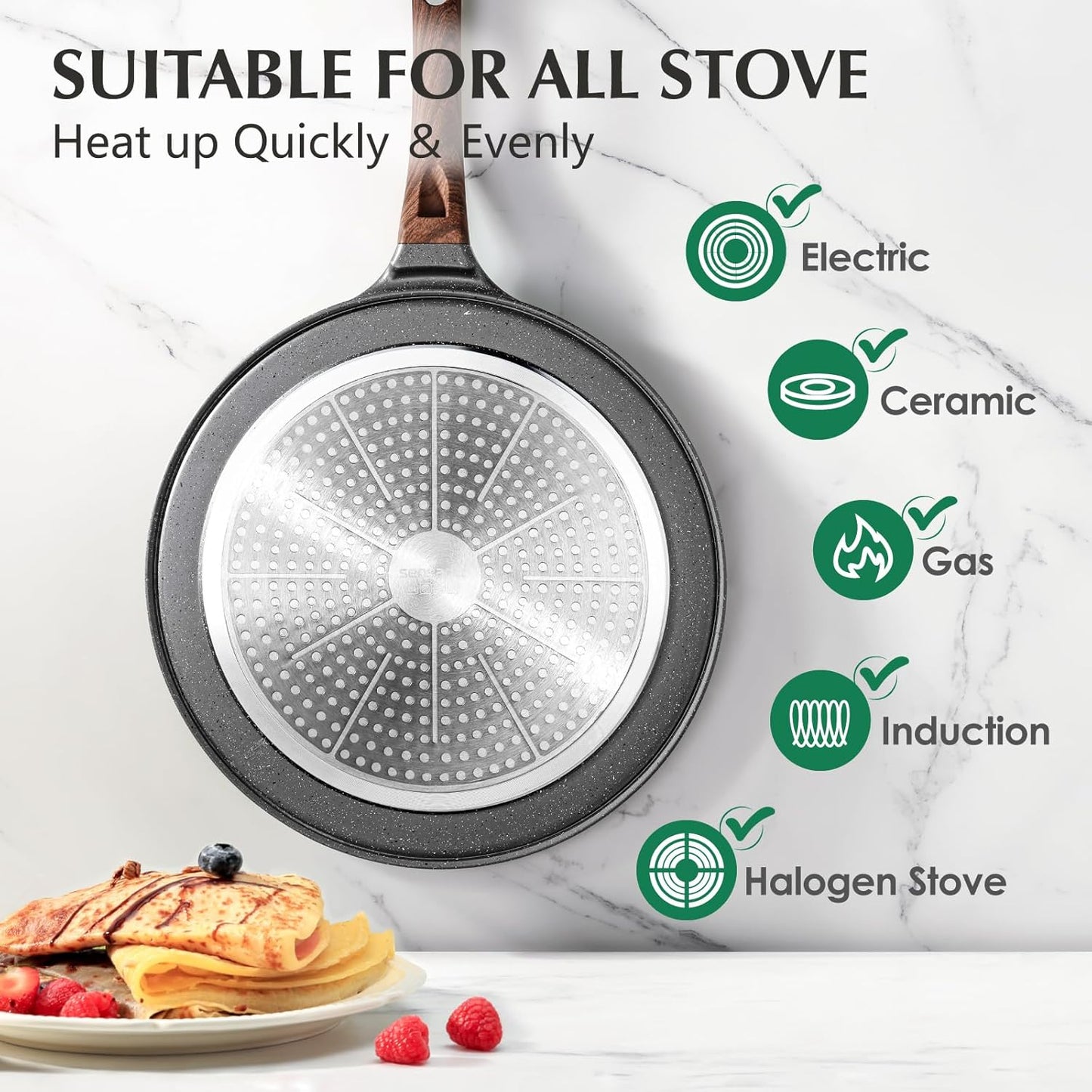 SENSARTE Nonstick Crepe Pan - 10-Inch Swiss Granite Coating Tawa Griddle with Stay-Cool Handle | Induction Compatible