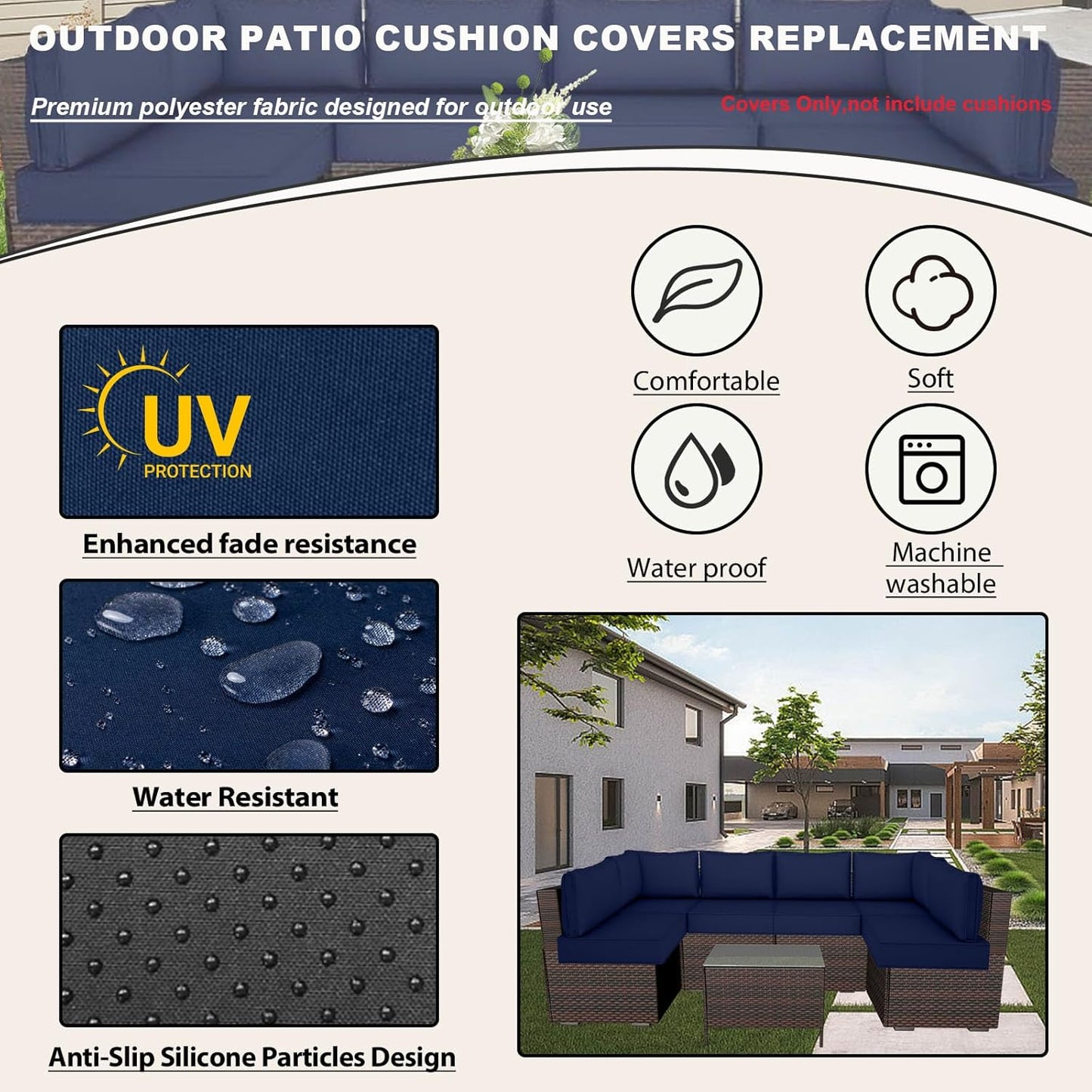 Skiennix Outdoor Cushion Covers - Waterproof & Fade Resistant Replacement for Patio Furniture | 14 Pieces, Navy Blue (25.6x25.6x4 Inch)