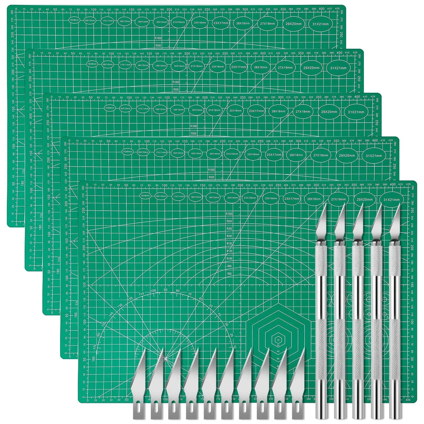 5 Pack Self Healing Cutting Mats and Exacto Knife Set, Sewing Mats with Precision Cutters and Extra 50Pcs SK5 Steel Blade 12" x 18" Work Mat for Crafts, Scrapbooking and Quilting