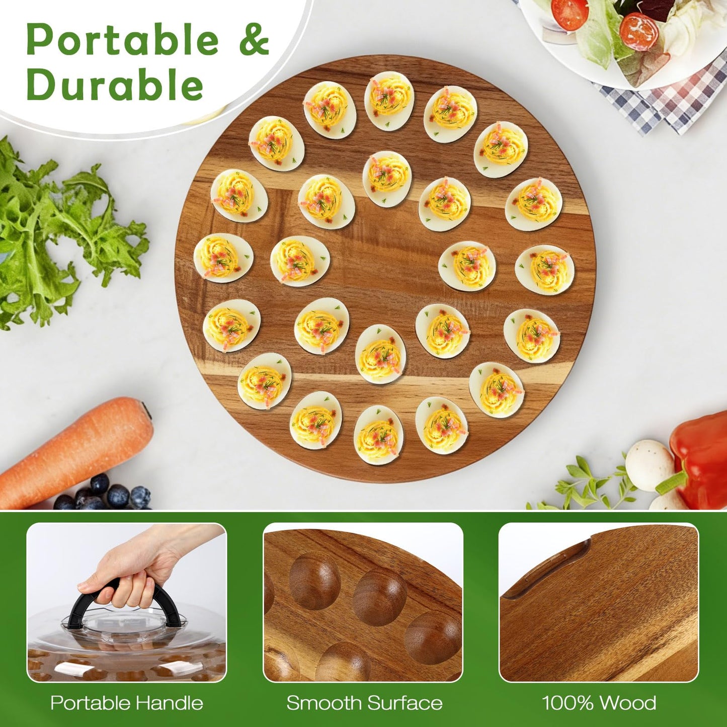 Wilupry Deviled Egg Containers with Lid, Deviled Egg Platter Tray Carrier Plate Holder with 24 Slots, Acacia Wood Egg Dish for Easter Gift Party Holiday Kitchen Home