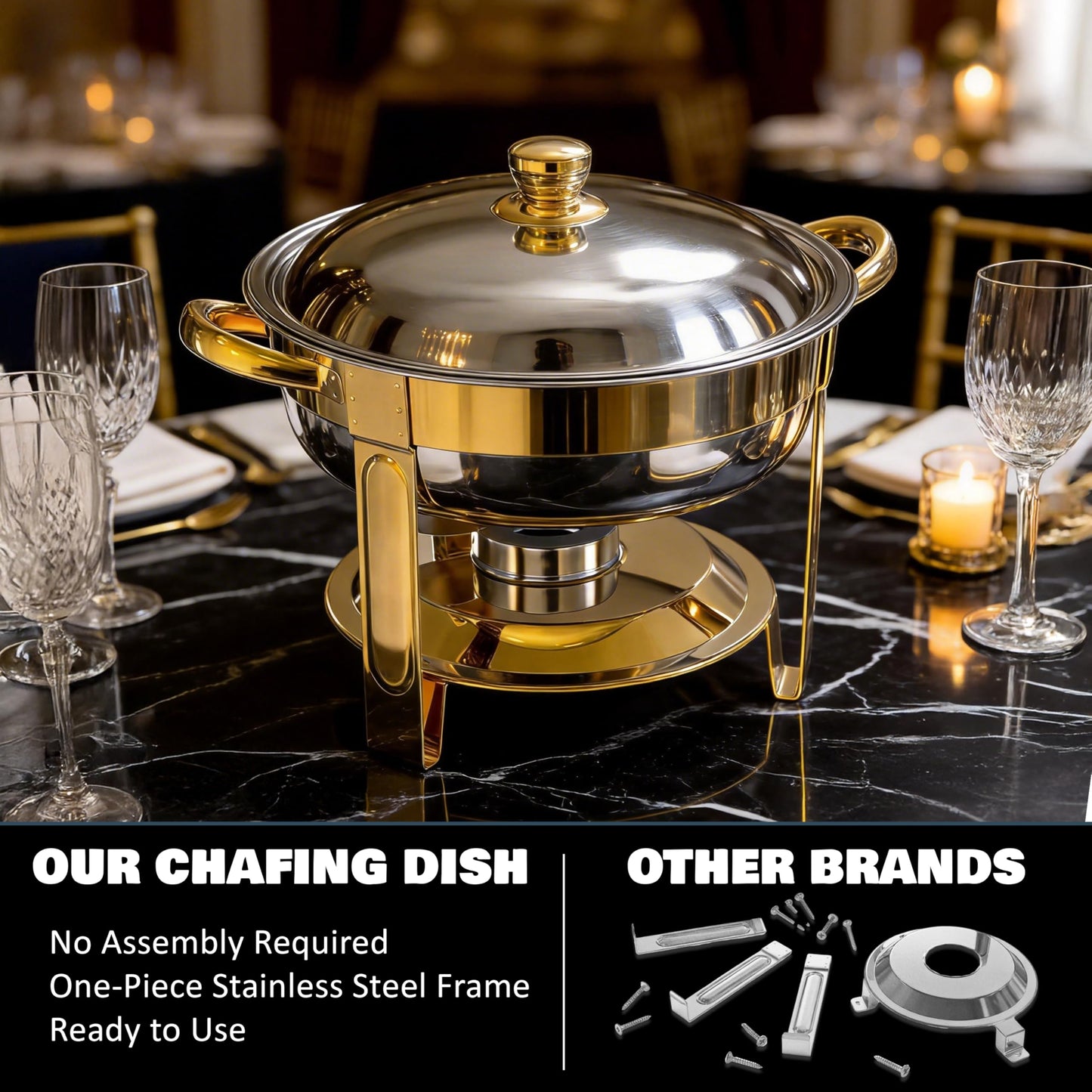 Trivico Chafing Dishes for Buffet Set,4 Pack 6QT, Easy 30-Second Lid Assembly Stainless Steel Food Warmers for Catering, Parties & Events, Gold Colors Chafing Dish Buffet Set