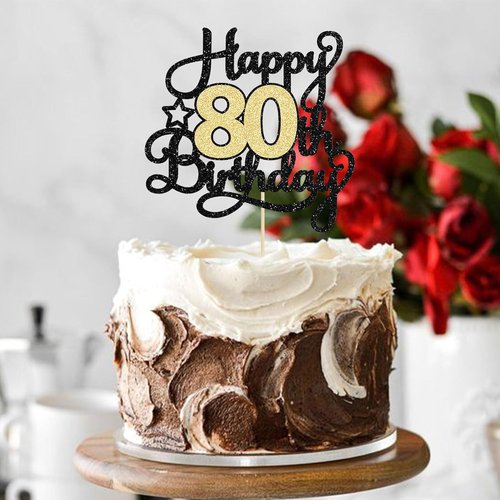 Happy 80th Birthday Cake Topper by [Brand Name] - Black Gold Glitter Decoration for 80th Anniversary Celebration