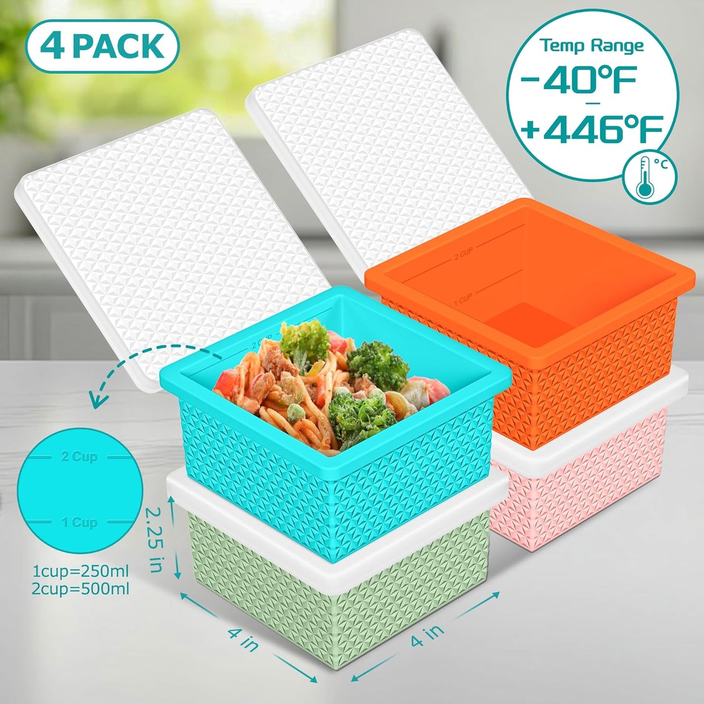 Silicone Freezer Molds - 2-Cup Stackable Soup Cube Storage Tray with Lid | 4-Pack, Oven & Dishwasher Safe