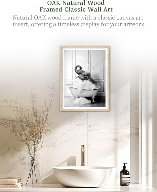 iHery Natural Oak Wood Framed Wall Art - Funny Elephant Bathing Canvas Print | 12x16 Inch Black and White Decor