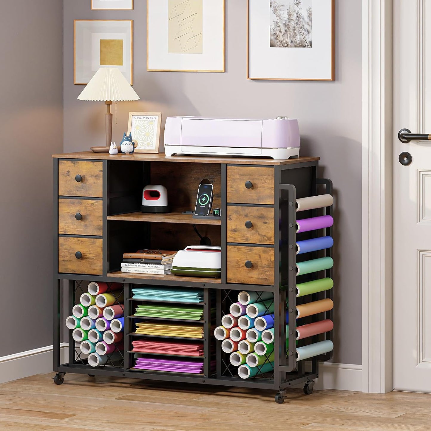 VENNQD Craft Cart - Cricut-Compatible Table with Charging Station & 48 Vinyl Roll Holders | Rustic Brown