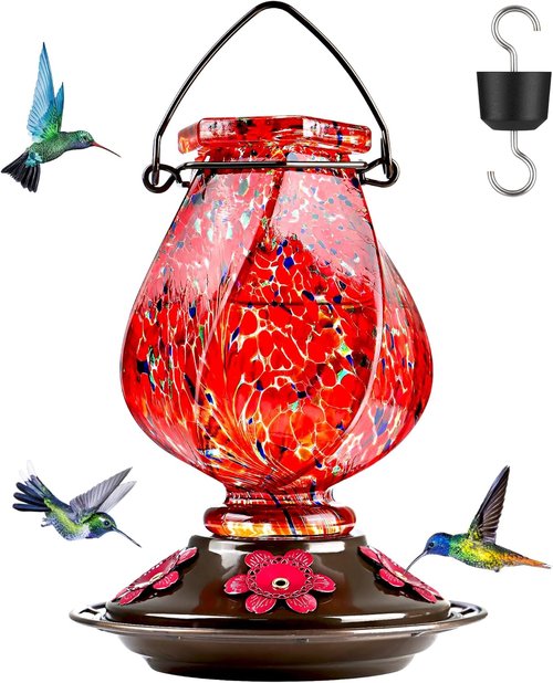 BOLITE Hummingbird Feeder - Hand Blown Glass Design with 5 Bee-Proof Ports & Ant Moat | 22oz Red