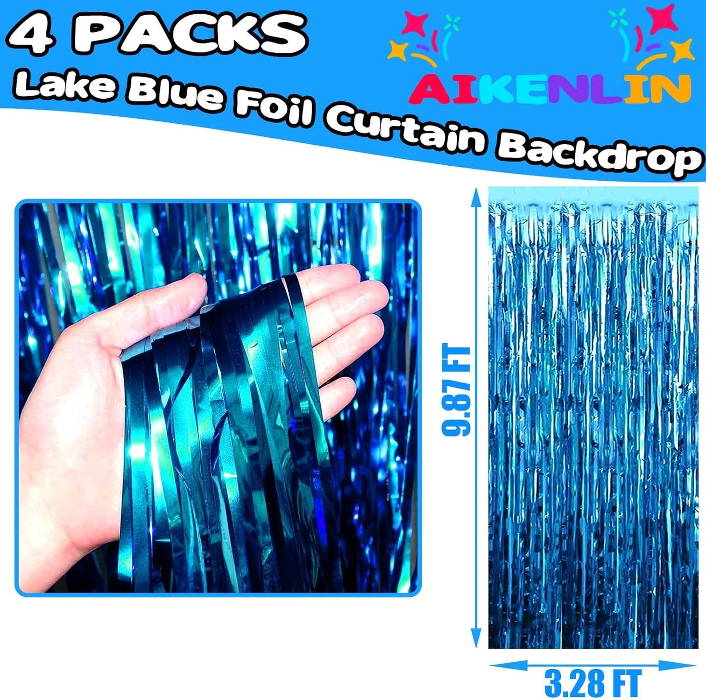 Lake Blue Foil Fringe Curtain Backdrop by [Brand Name] - 4 Pack Metallic Tinsel Streamers | 3.2Ft x 9.8Ft for Parties & Events