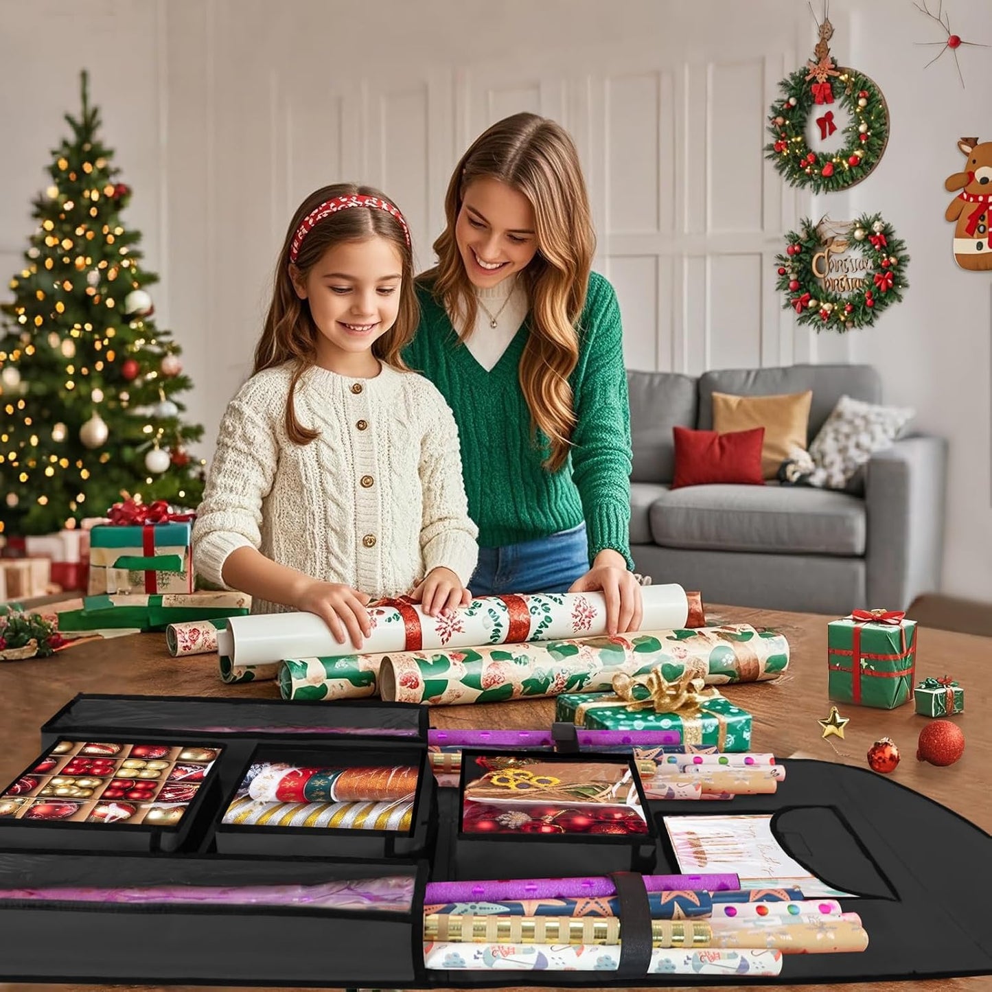 Woodoulogy Gift Wrapping Paper Storage Bag - 40"X17" Double-Sided Black Organizer for Christmas Wrap