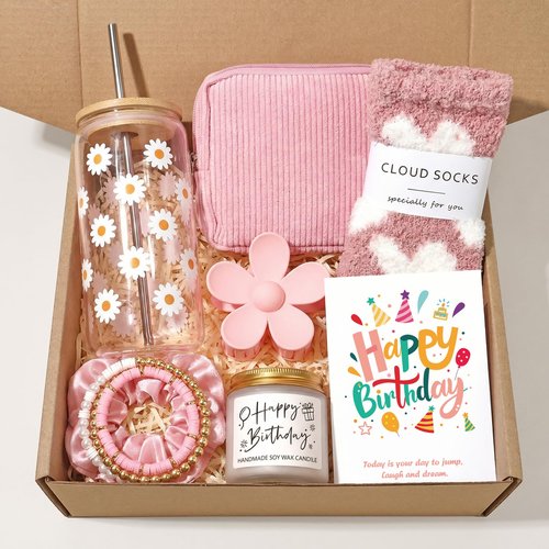 Birthday Gifts for Women, Gift Set for Her, Teen Girl, Sister, Daughter - Daisy Gift Box with Glass Cup | 10pc Self-Care Present, Womens Birthday Gifts, Gift Boxes