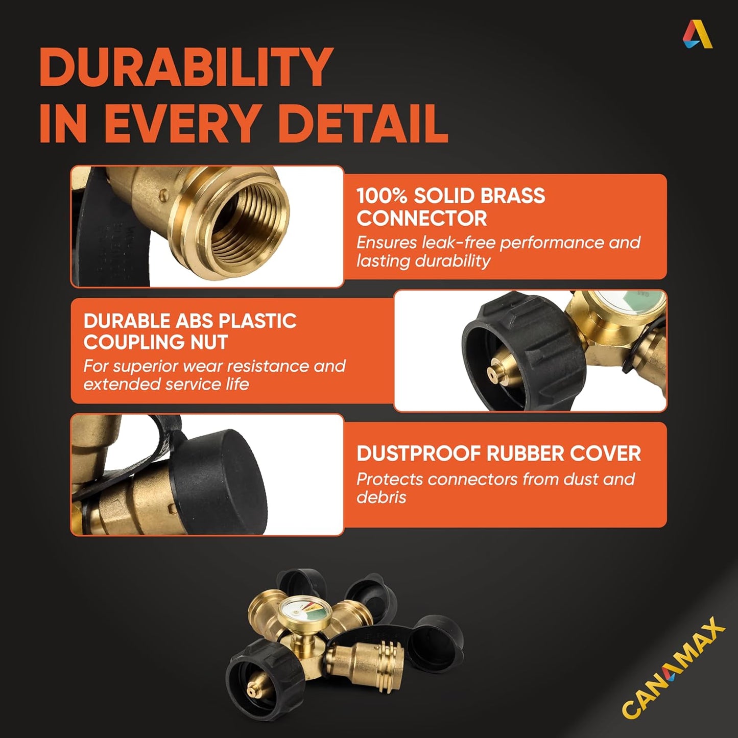 QCC1 Propane Splitter - 3-Way Adapter with Gauge & Shut-Off Valves for BBQ Grills & Heaters